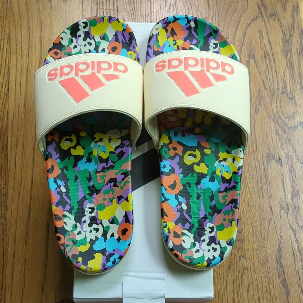 NIB FARM Rio Slide Sandals Adidas Collab Multicolor Abstract Print Womens Size 7 - Picture 5 of 11